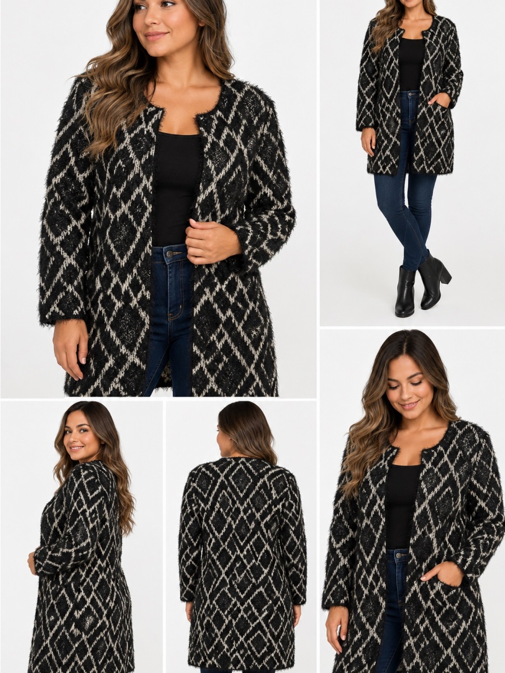 Valerie Stevens Black & Cream Geometric Open-Front Cardigan